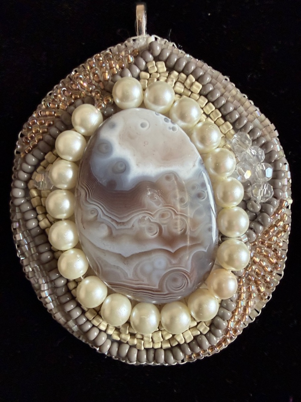 Artisan Beaded White Lace Agate Pendant with Pearl Halo - Neutral Tones